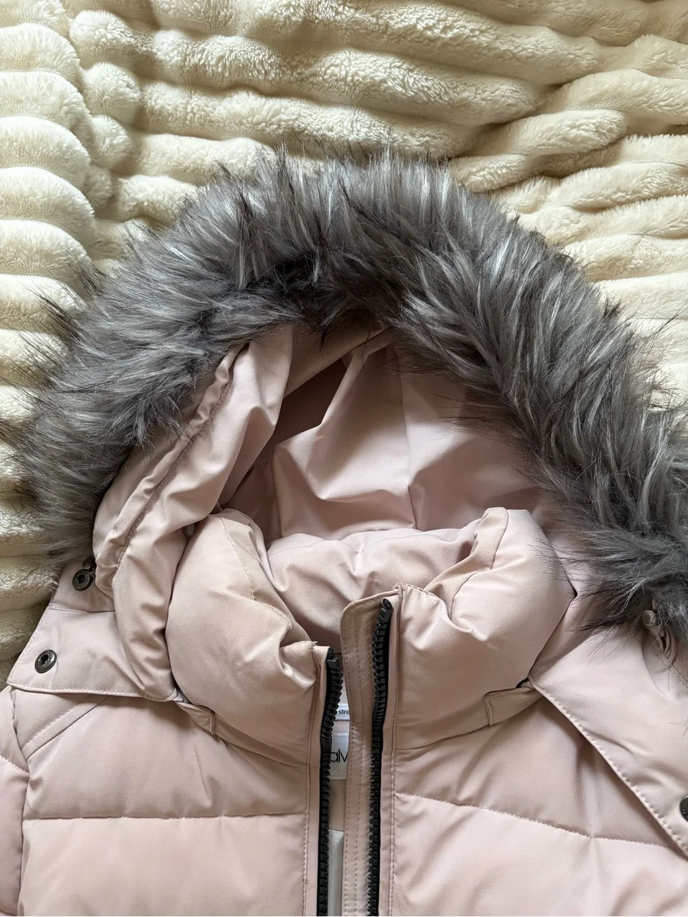 Calvin Klein Light Pink Quilted Hooded Puffer Coat with Faux Fur Trim